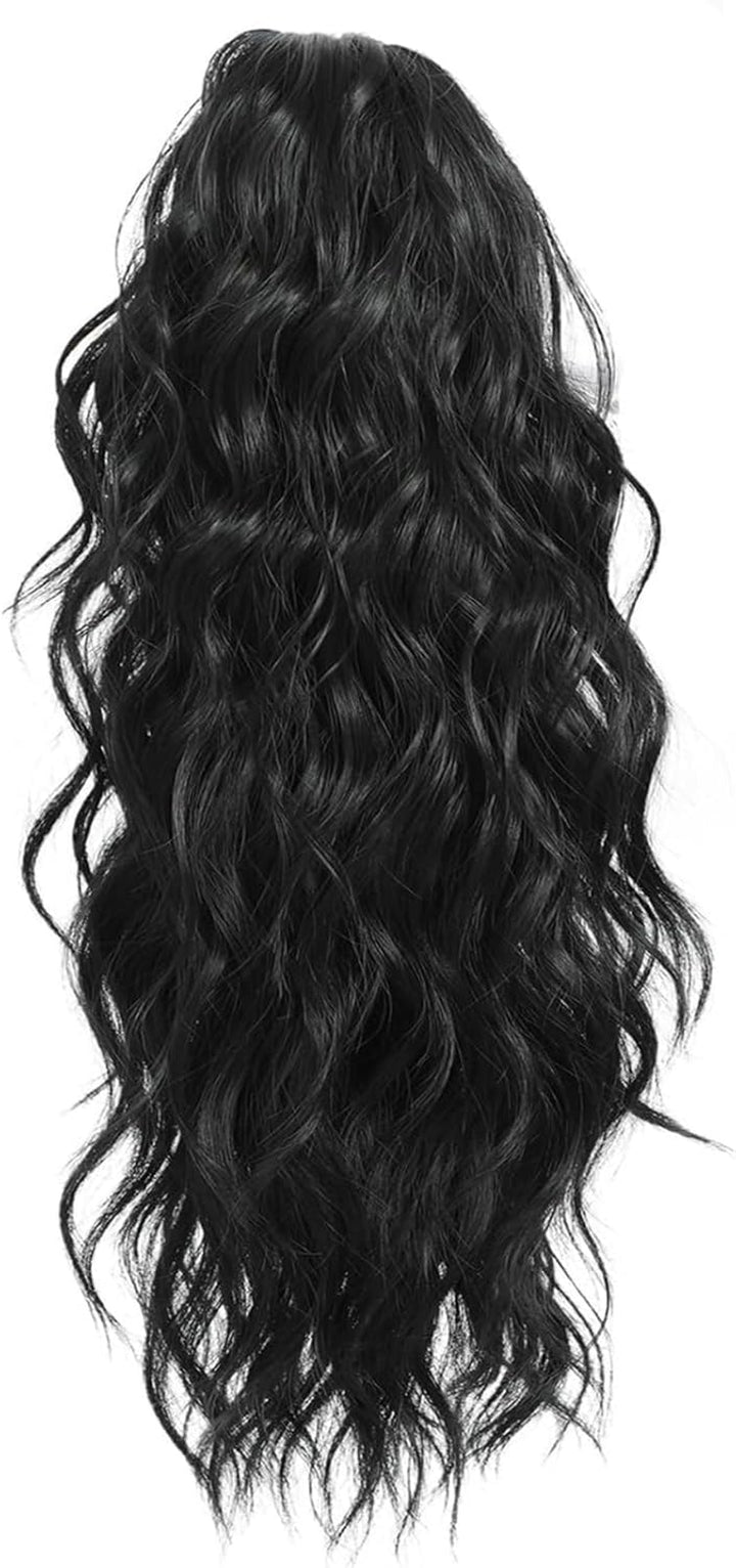 Black Hair Claw Clip with Long Curly Wavy Ponytail Extensions - Drawstring Ponytail for Women - Natural Black (18'')