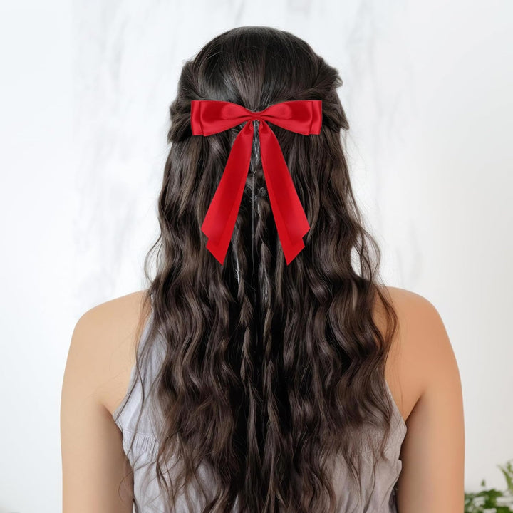 2 Pcs Red Hair Bow, Satin Bows Red Hair Ties, Large Double Satin Ribbon Hair Clips Red Accessories for Holiday Party Women Girls Ponytail Holder