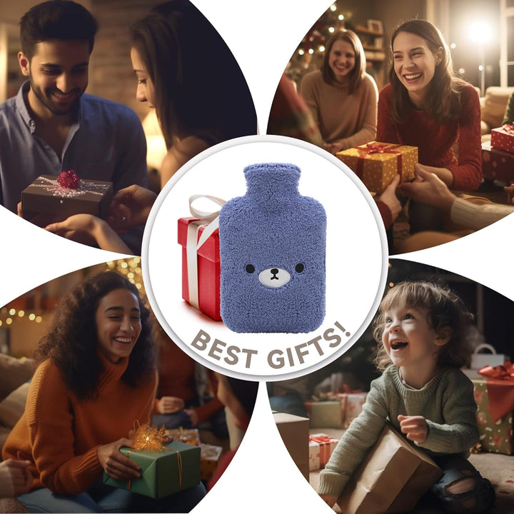 Hot Water Bottle with Cute Fleece Cover, 2L Hot Water Bag for Hot and Cold Compress, Hand Feet Warmer, Neck and Shoulder Pain Relief,Bear Blue