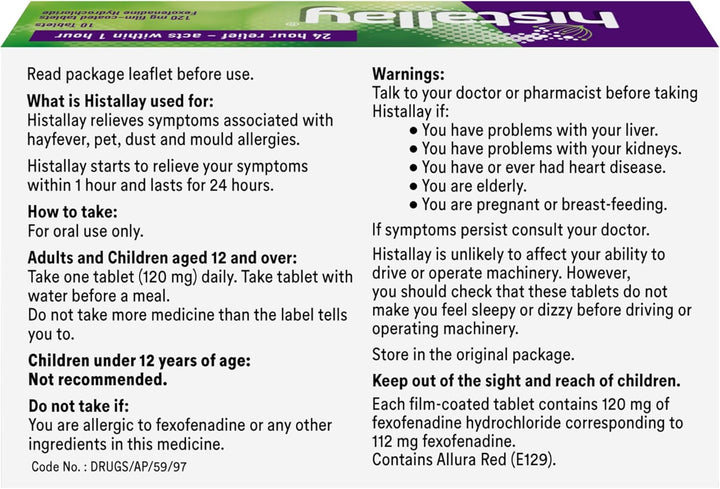 Hayfever & Allergy Relief Tablets, 30 Tablets, 120Mg Fexofenadine, Antihistamine 24Hr Relief, Acts within 1Hr, Relieves Hayfever, Pet, Dust and Mould Allergies
