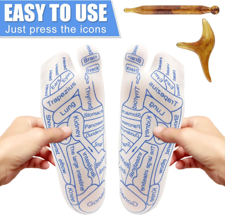 2 Pairs Reflexology Socks Set, Family Pressure Point Foot Massage Socks with Tool Toe Separate Acupuncture Finger-Pressing Charts Kit for Women Men