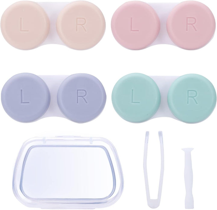 4 Pack Contact Lens Cases, Contact Lens Container Box Portable Travel Contact Lens Case Left/Right Eyes Contact Lens Holder with Storage Box Tweezers Wearing Stick