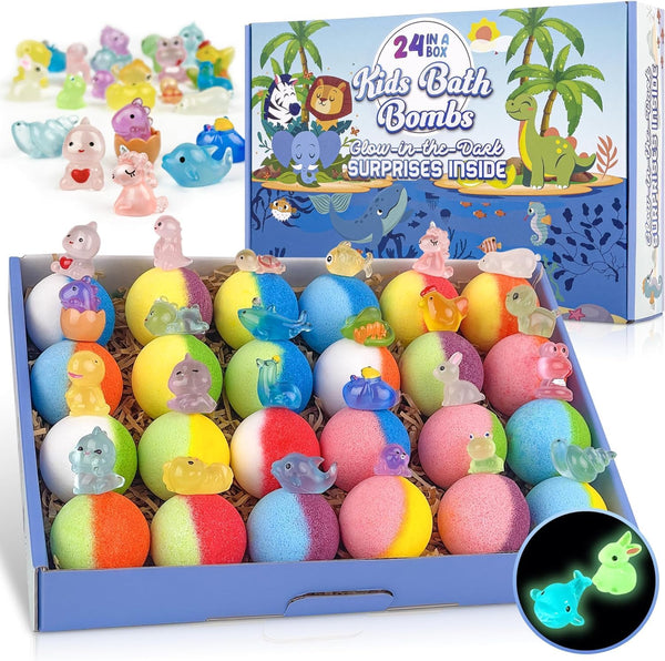 Bath Bombs for Kids, 24Pcs Bath Bombs with Glow in the Dark Surprise Toy Inside, Natural and Organic Colorful Bubble Bath Fizz, Perfect Birthday, Party, or Easter Gift for Boys and Girls