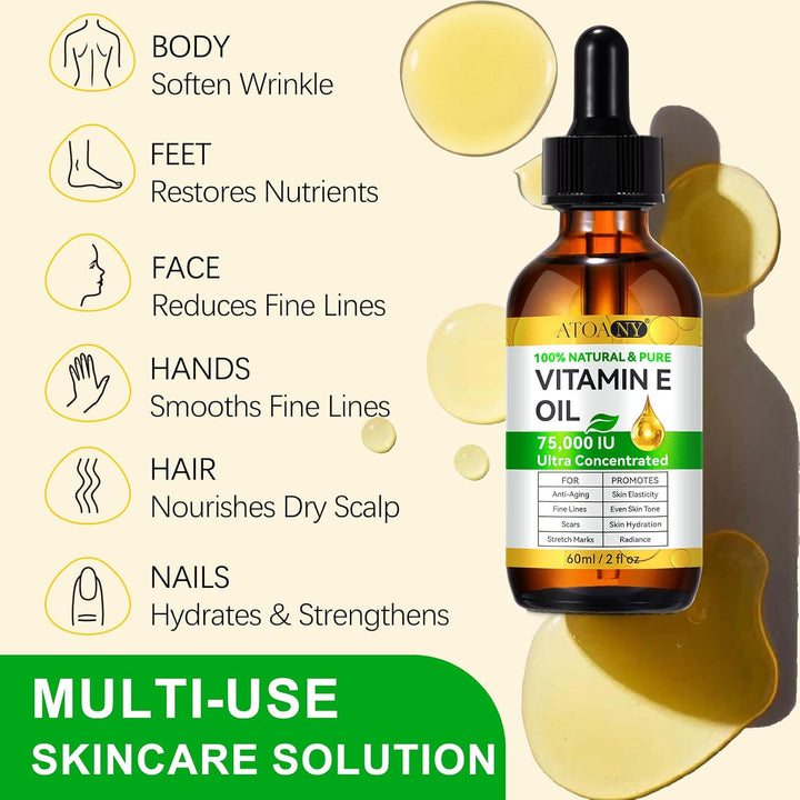 Vitamin E Oil 75,000 IU 60 Ml- 100% Organic Pure Vitamin E Oil for Skin, Face, Hair, Body - Natural Antioxidant for Dryness, Wrinkles, Scars & Stretch Marks, Moisturizing and Firming Skin