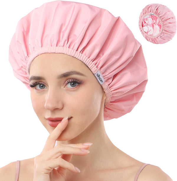 Shower Caps for Women Reusable Waterproof，Pattern and Solid Color Dual-Layer Design for Dual-Layer Usable，Protects Hair in Shower, Spa, Cooking, Clean & Travel (Pink, One Size)
