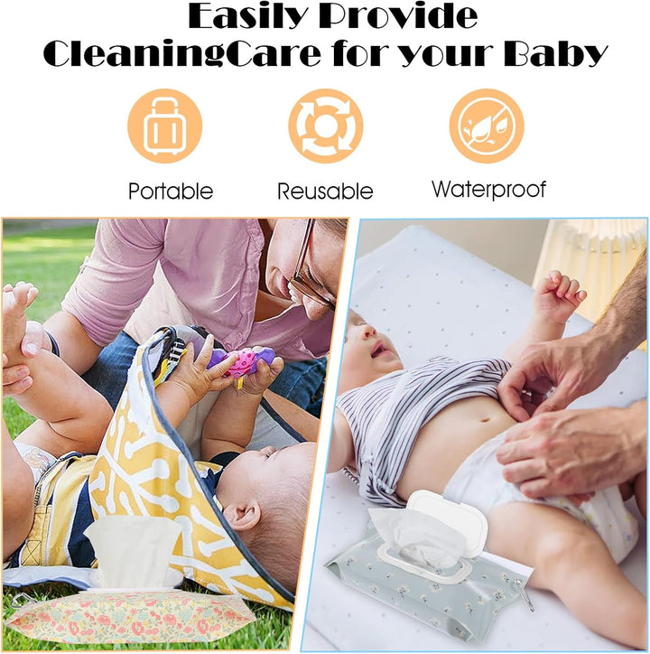 2 Pack Reusable Wipes Pouch Baby Wipe Holder Portable Wet Wipes Dispenser Refillable Travel Baby Wipes Case Waterproof and Dustproof, Baby Wipes Holder Keeps Wipes Fresh