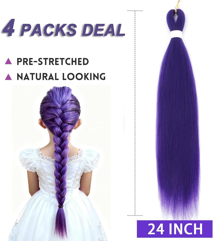 Long Purple Hair Extensions Pre Stretched Synthetic Braiding Hair Extensions for Braids Braiding Hair for Stage Party Halloween Cosplay Costume Wigs (Purple, 24 Inch (Packs of 4))