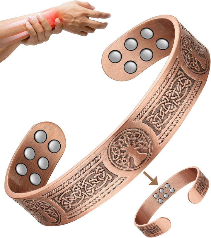 Copper Bracelets for Men Women,Tree of Life and Celtic Knot Design Copper Magnetic Bracelets Cuff Bangle with 12Pcs Powerful Magnets(Each 3800 Gauss), Brazaletes Jewelry with Gift Box