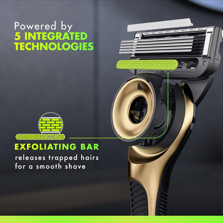 with Exfoliating Bar, Razor for Men Champion Gold Edition, 1 Handle - 5 Blades, Includes Travel Case for Convenient Storage on the Go and Wall Hanger for Easy Storage in the Bathroom