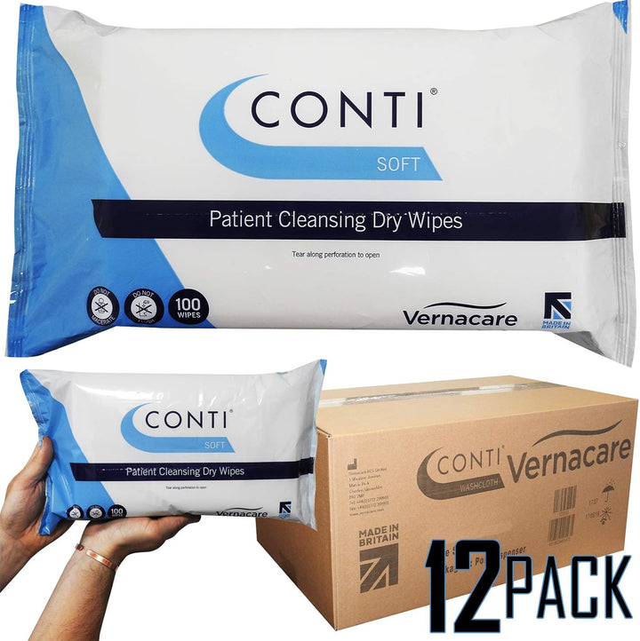 Conti Soft - Patient Cleansing Dry Wipes, Everyday Cleaning, Ideal for Sensitive Fragile Skin, Wipe Size 32Cm X 30Cm, 100 Wipes per Pack - 12 Pack
