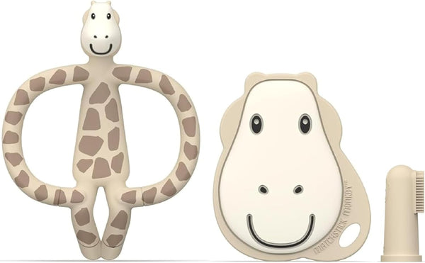 , Antimicrobial Teething Starter Set - 1 Flat Face Teether, 1 Animal Teether, 2 Silicone Finger Toothbrushes, 3 Months Old+, Gigi Giraffe