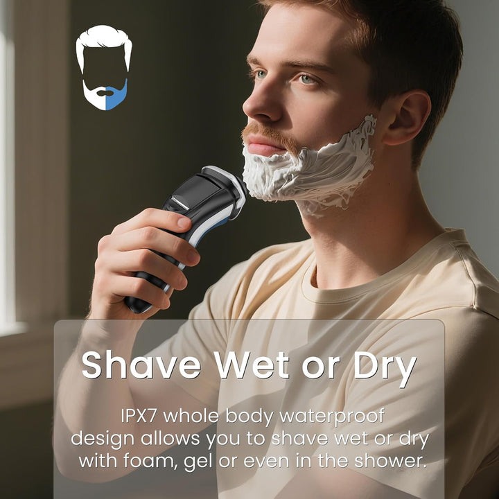 Electric Razor for Men, 120 Min Shaving, Fast UK Adapter (1H Charging),100% Waterproof, Wet & Dry Rotary Shavers for Men with Pop-Up Trimmer, LED Display, Dark Blue