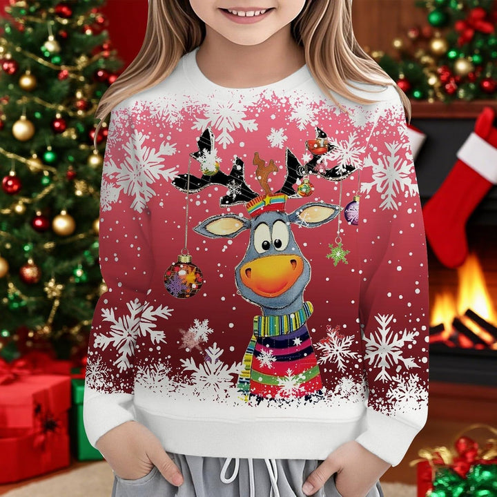 Festive Reindeer Print Girls Long Sleeve Crewneck Sweatshirt for Holiday Cozy Casual Pullover Top Kids