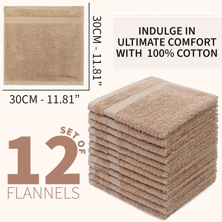 Flannels Pack of 12 Face Towels 100% Cotton 550 GSM 30X30Cm Highly Absorbent Soft Wash Cloth Household Essentials (Brown - 12 Pack)