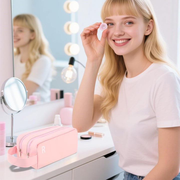 Daily Contact Lens Organizer Case,Portable Contact Lens Storage Case,Travel Contact Lens Storage Case with Clearly Labeled R & L,Storage up to 100 Lenses (Pink)