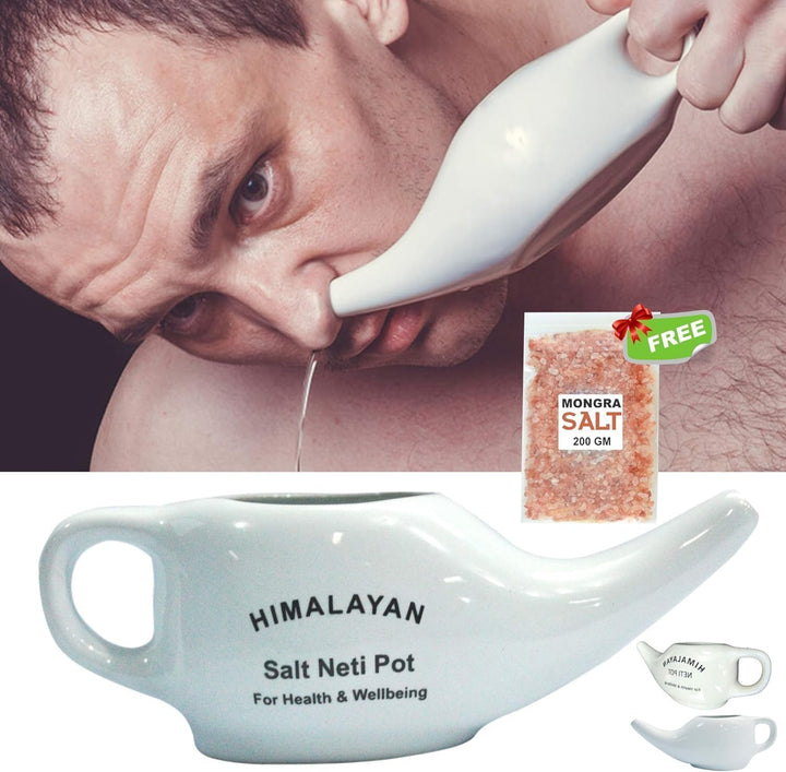 Ceramic Neti Pot and Himalayan Neti Himaliyan Salt, Neti Pot Sinus Rinse for Nasal Flushing Detoxing Cleanser Sinus Relief Nasal Rinse Sinus Rinse Saline Solution Salt Pot (Pack of 2)