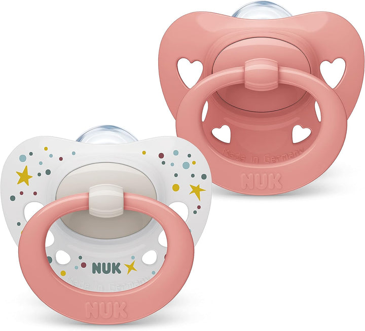 Signature Baby Dummy | 0-6 Months | Soothes 95% of Babies | Heart-Shaped Bpa-Free Silicone Soothers | Includes Case | Green Stars | 2 Count