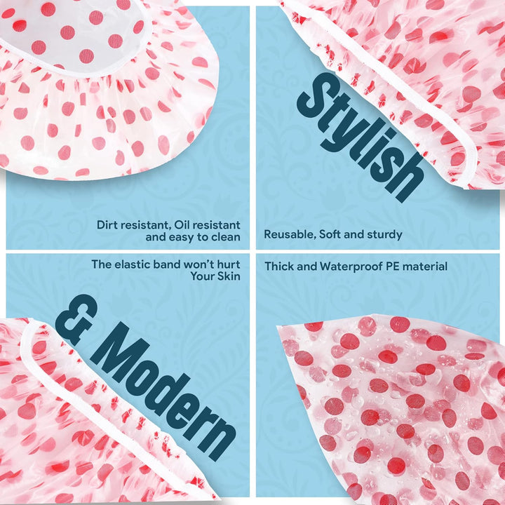Nimxy Pack of 4 Shower Cap, Reusable Shower Caps for Women & Men - Waterproof with Elastic Band & Soft Lining (Dotted)