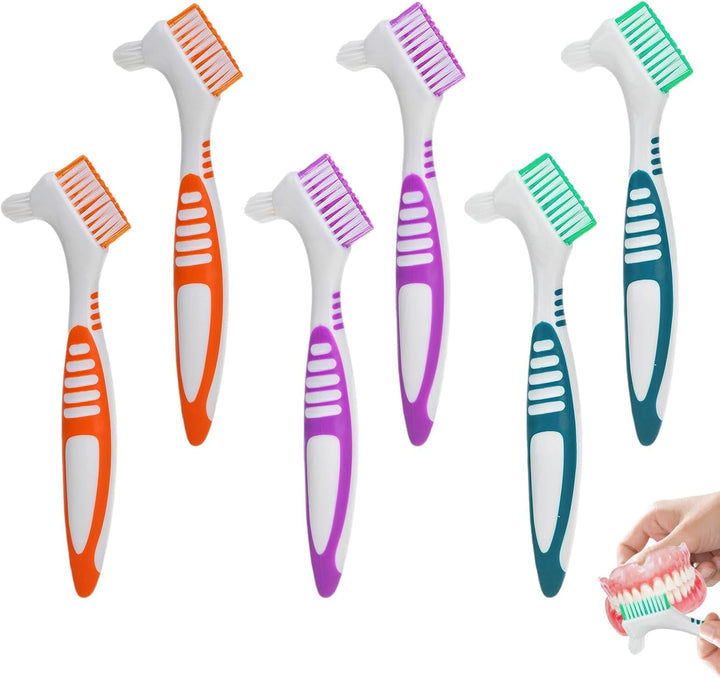 Denture Brush 6Pcs Double Bristle Denture Toothbrush for Cleaning Retainers Retainer Brush (Purple, Green,Orange)
