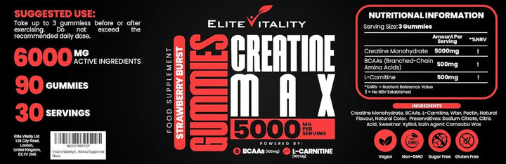 Creatine Monohydrate Gummies 5000Mg + Bcaas & L-Carnitine – Vegan, Sugar-Free, Pre Workout Muscle Recovery Supplement for Men & Women – 90 Gummies – Strawberry Burst – Gym & Fitness Support