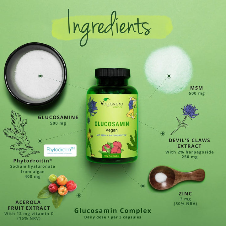 Vegan Glucosamine Complex | with Chondroitin, MSM, Devil'S Claw and VIT C | NO Additives, Lab-Tested | Joint Pain Relief | 180 Capsules