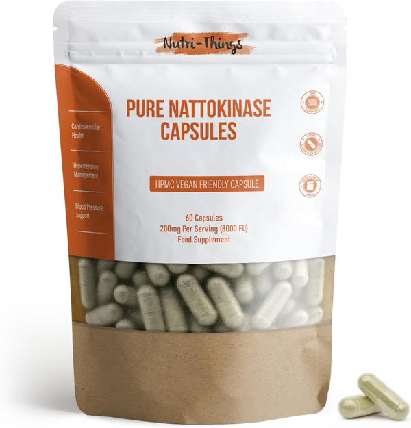 Pure Nattokinase Capsules - Natural Cardiovascular Support - 200Mg Pure Nattokinase from Fermented Soybeans - Enhanced with Psyllium Husk for Added Benefits - 60 Capsules