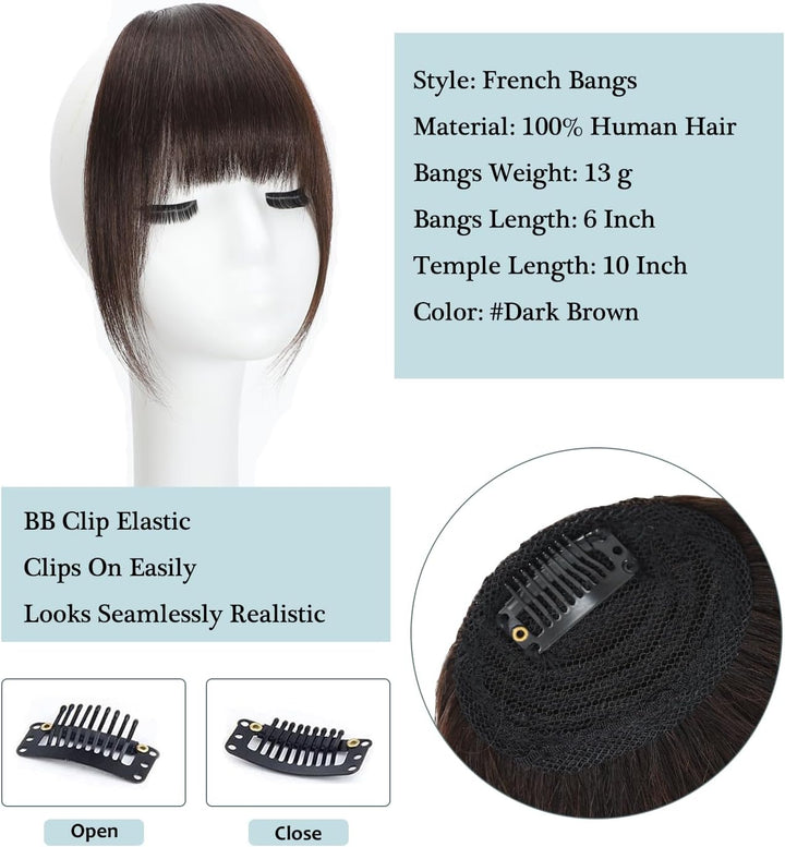 Clip in Fringe - Bangs Hair Clip in Bangs 100% Real Human Hair Extensions Clip on Air Bangs for Women Fringe with Temples Hairpieces Curved Bangs (Dark Brown, French Bangs)
