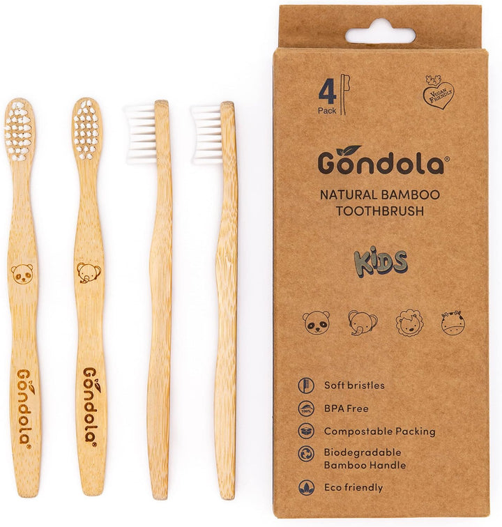 Organic Bamboo Toothbrushes for Kids - Soft Bristles, Fun Animal Designs | Biodegradable & Eco Friendly | Wooden Handle Toothbrushes | Zero Waste Packaging - 4 Pack