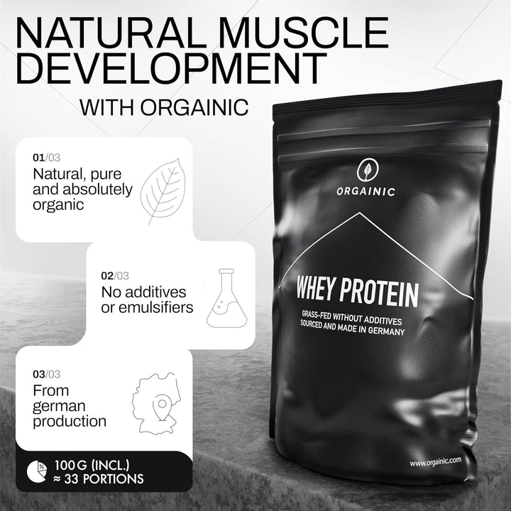 Natural Whey Protein - Organic Certified without Additives - Protein Powder from Germany - Grass Fed Whey Protein - 1000G