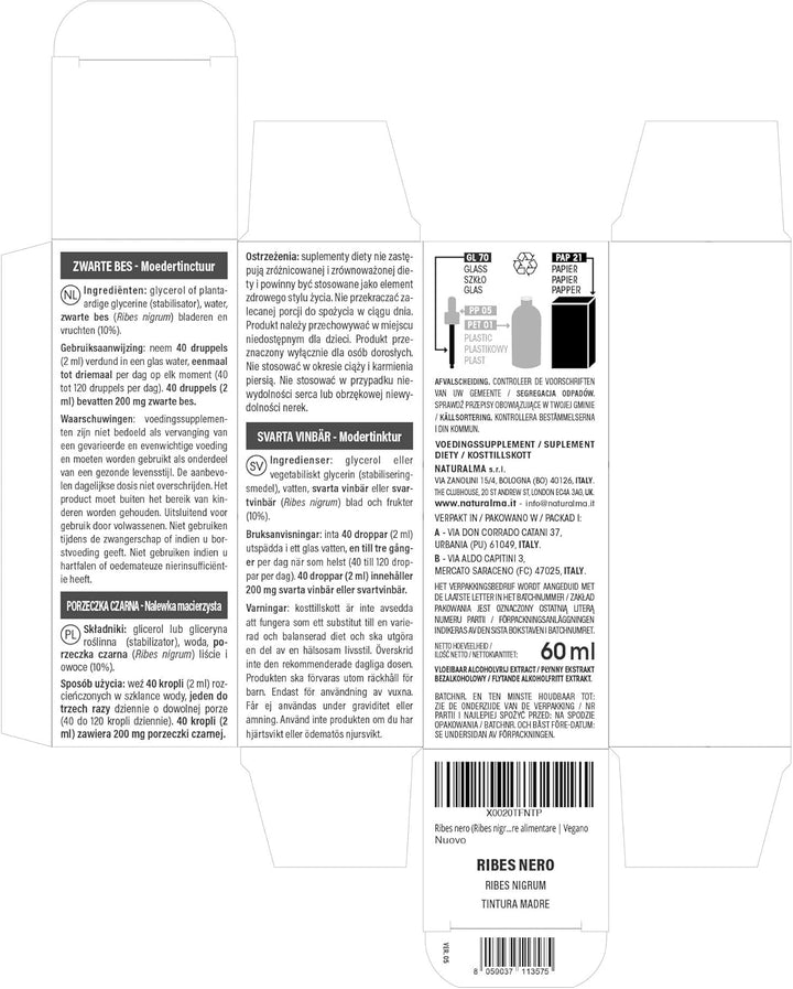 Blackcurrant (Ribes Nigrum) Leaves and Fruits Alcohol-Free Mother Tincture  - Liquid Extract Drops 60 Ml - Food Supplement - Vegan