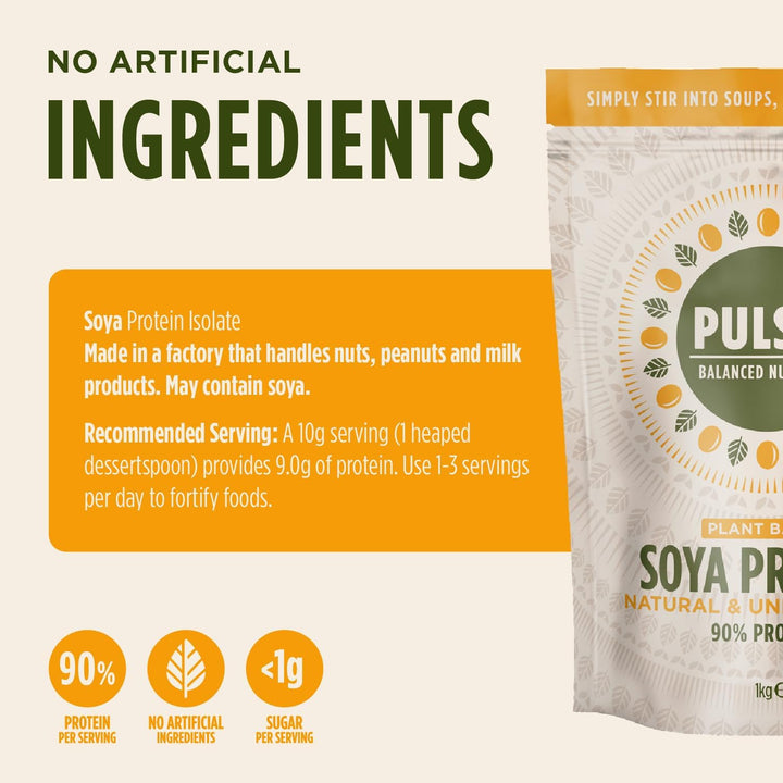 - Unflavoured Vegan Soya Protein Powder - 1Kg - 9G Protein, 0.1G Carbs, 39 Kcals per Serving - Gluten Free, Plant Based, Palm Oil Free & Dairy Free Protein
