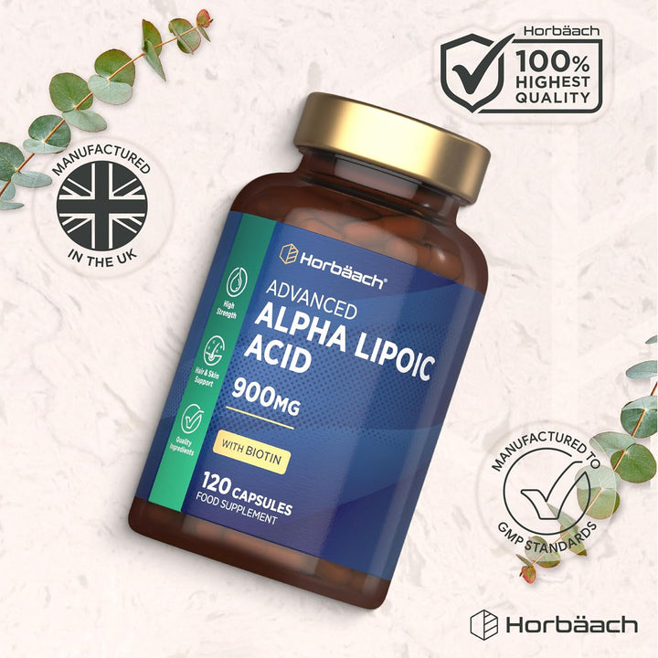 Alpha Lipoic Acid 900Mg | 120 High Strength ALA Capsules | Complex with 999Ug of Biotin | by