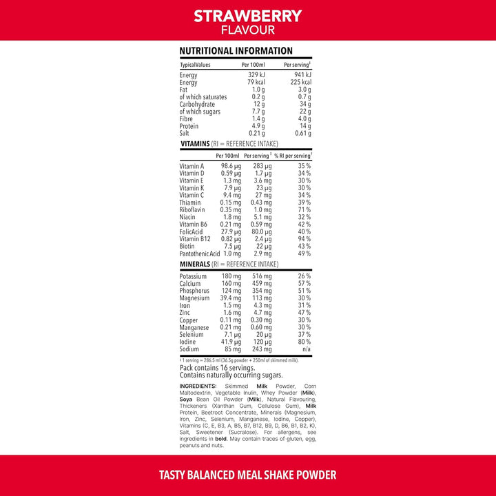 Meal Replacement Shake Weight Loss & Balanced Diet, Vitamins and Minerals, Low Calorie, High Protein, Strawberry Flavour, 16 Servings, 584 G, Packaging May Vary