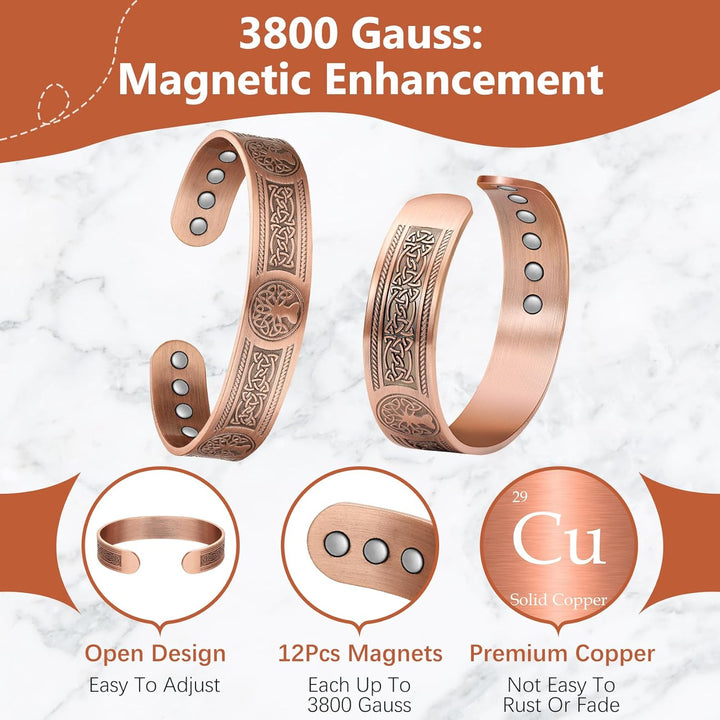 Copper Bracelets for Men Women,Tree of Life and Celtic Knot Design Copper Magnetic Bracelets Cuff Bangle with 12Pcs Powerful Magnets(Each 3800 Gauss), Brazaletes Jewelry with Gift Box