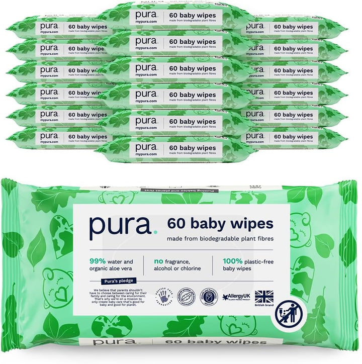 Eco Flushable Baby Wipes - 1 Pack (60 Wipes) 100% Plastic Free, 99% Water, Suitable for Sensitive, Eczema Prone Skin, Newborn Baby & Toddlers, Biodegradable, Vegan, Potty Training