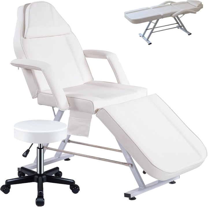 Beauty Bed with Stool Massage Table with Head Cushion 3 Section Adjustable Beauty Bed Professional Tattoo SPA Salon Chair (Black)