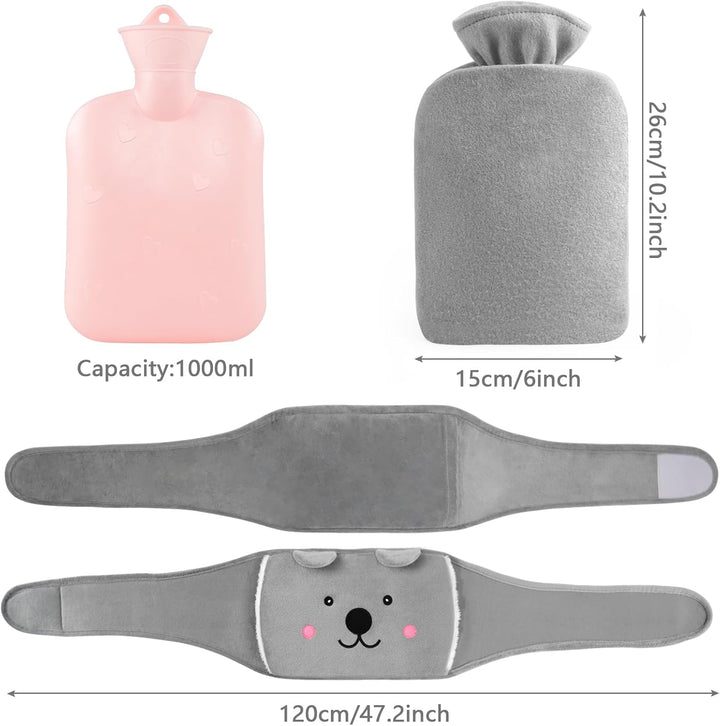 Hot Water Bottle Belt, Wearable Long Hot Water Bottle with Cover for Women, Portable Natural Rubber Hot Water Bag with Soft Flannel Cover for Neck, Period Pain, Shoulder, Waist Warm
