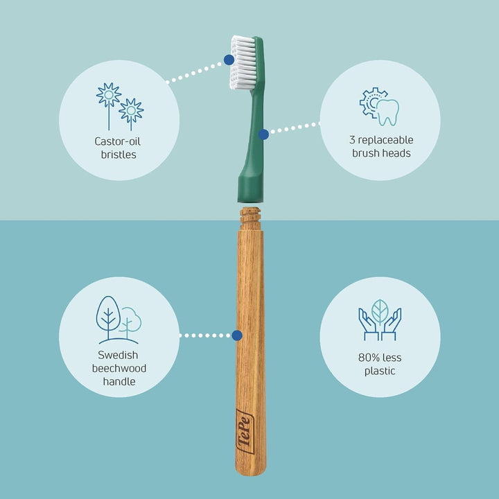 Choice Toothbrush, Soft, Green, 1Pc, Wooden Handle, 3Pcs Brush Heads, Soft Bristle Toothbrush, Good for Teeth Cleaning and Plaque Removal