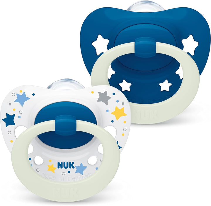 Signature Baby Dummy | 0-6 Months | Soothes 95% of Babies | Heart-Shaped Bpa-Free Silicone Soothers | Includes Case | Green Stars | 2 Count