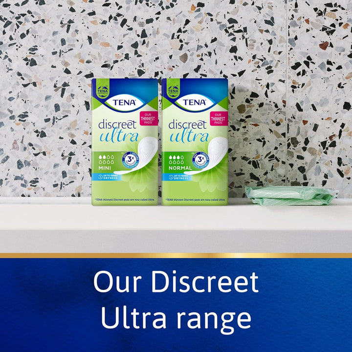 TENA Discreet Ultra Mini, 120 Incontinence Pads (20 X 6 Packs) Individually Wrapped, for Women with Light to Medium Bladder Weakness, Incontinence and Unpredictable Drips (Packaging May Vary)
