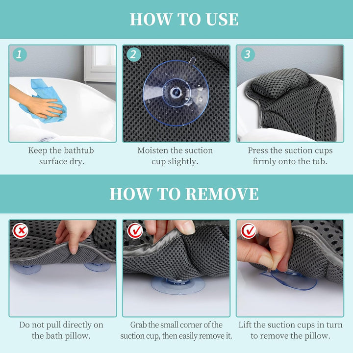 Bath Pillow Neck Back Support - Cushion for Women Men Spa Gifts Luxury Waterproof 4D Mesh Bathtub Pillows with 6 Non-Slip Suction (37×38)