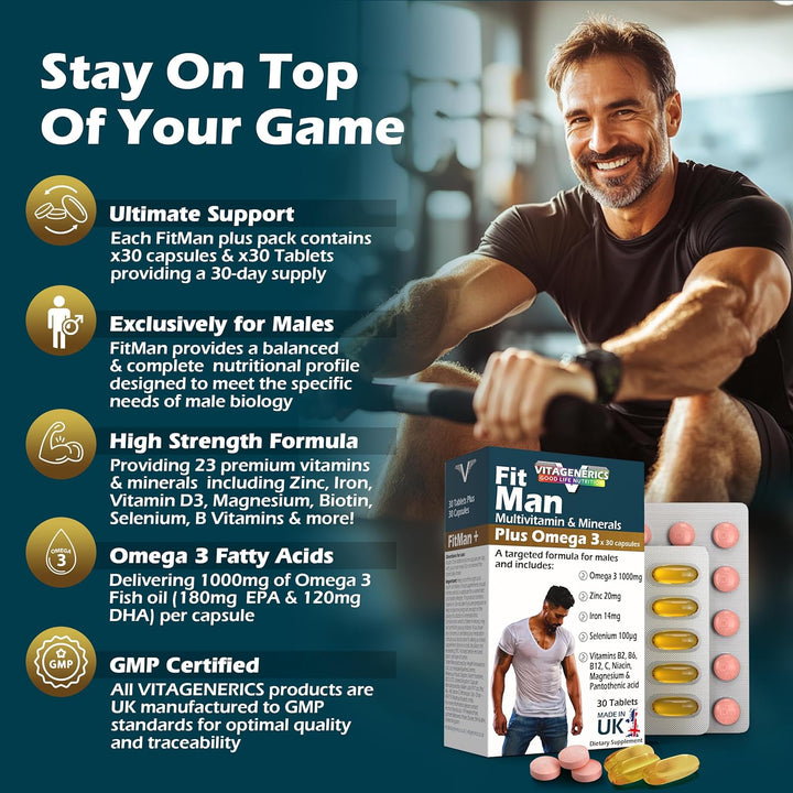 VITAGENERICS  Multivitamin & Minerals plus Omega 3, 30 Tablets plus 30 Capsules, with Zinc, Iron & B Vitamins, Made in UK