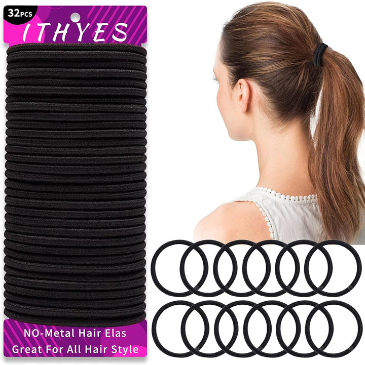 32Pcs Hair Bands for Women Thick Hair,4Mm Elastic Hair Ties for Girl,Black Hair Band Ponytail Holders,Hair Bobbles for Girls Men,Rubber Bands for Hair,Hair Accessories,Scrunchies for Women