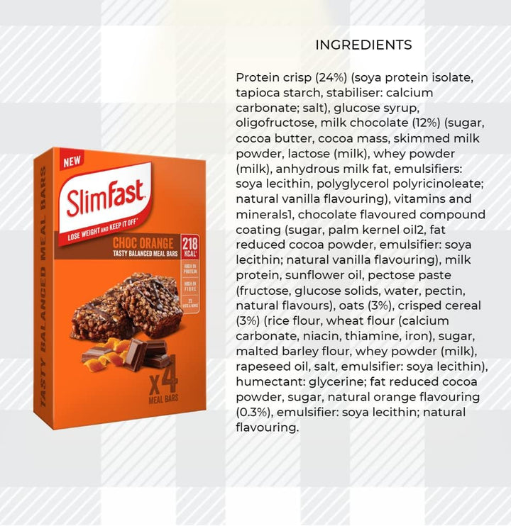 Slim Fast Bundle 16X60Gram Meal Bars in Choc Chip, Orange, Rocky Road and Very Berry Tasty,  for Weight Loss, High in Protein