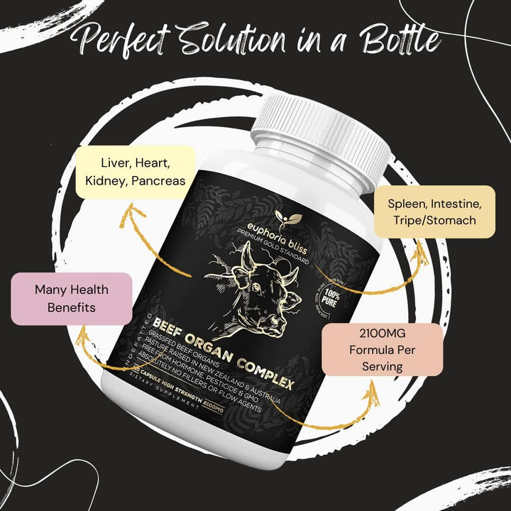 Premium Beef Organs Complex - 120 Capsules Freeze Dried Liver | Heart | Kidney | Pancreas | Spleen | Intestine | Tripe/Stomach | No Hormones, Antibiotics or GMO