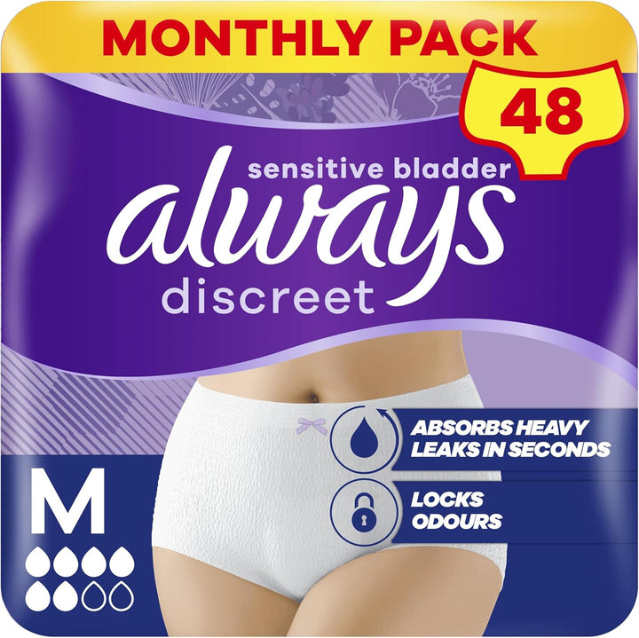 Incontinence Pants Women, Medium, Disposable Underwear Women, UK Size 8-14, White, Absorbency 6, 48 Underwear , Knickers (12 X 4 Packs), Bladder Leak Protection , Maternity Postpartum