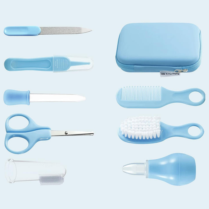 Baby Healthcare and Grooming Kit, Baby Safety Set Baby Comb, Brush, Finger Toothbrush, Nail Clippers, Scissors, Nasal Aspirator, Baby Essentials Nursery Care Kit (Blue)