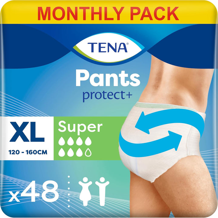 Pants Super, 48 Pairs, Unisex Incontinence Pants (4 X 12 Packs) for Women and Men with Heavy Bladder Weakness, Designed for Everyday Life with Triple Protection and Dual Absorption Zones, Size XL