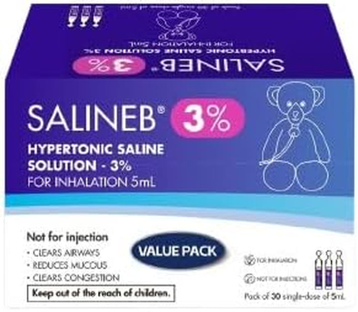 3% Hypertonic Saline Solution Vials for Inhalation Pack of 30 Single-Dose of 5Ml - Clears Airways, Reduces Mucous, Clears Congestion, Inhalation Solution