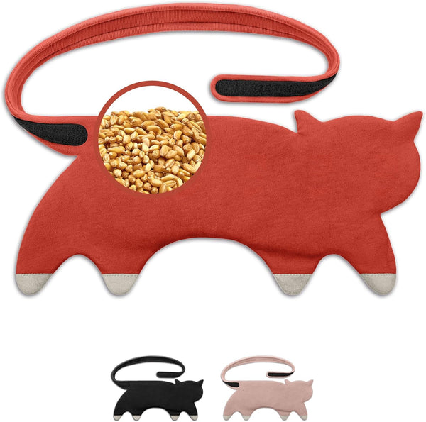 10-Chamber Wheat Bag for Microwave, Washable - Grain Pillow Made of 100% Organic Cotton & Organic Wheat - Ideal Natural Relief for Stomach and Period Pain - Cat, Red